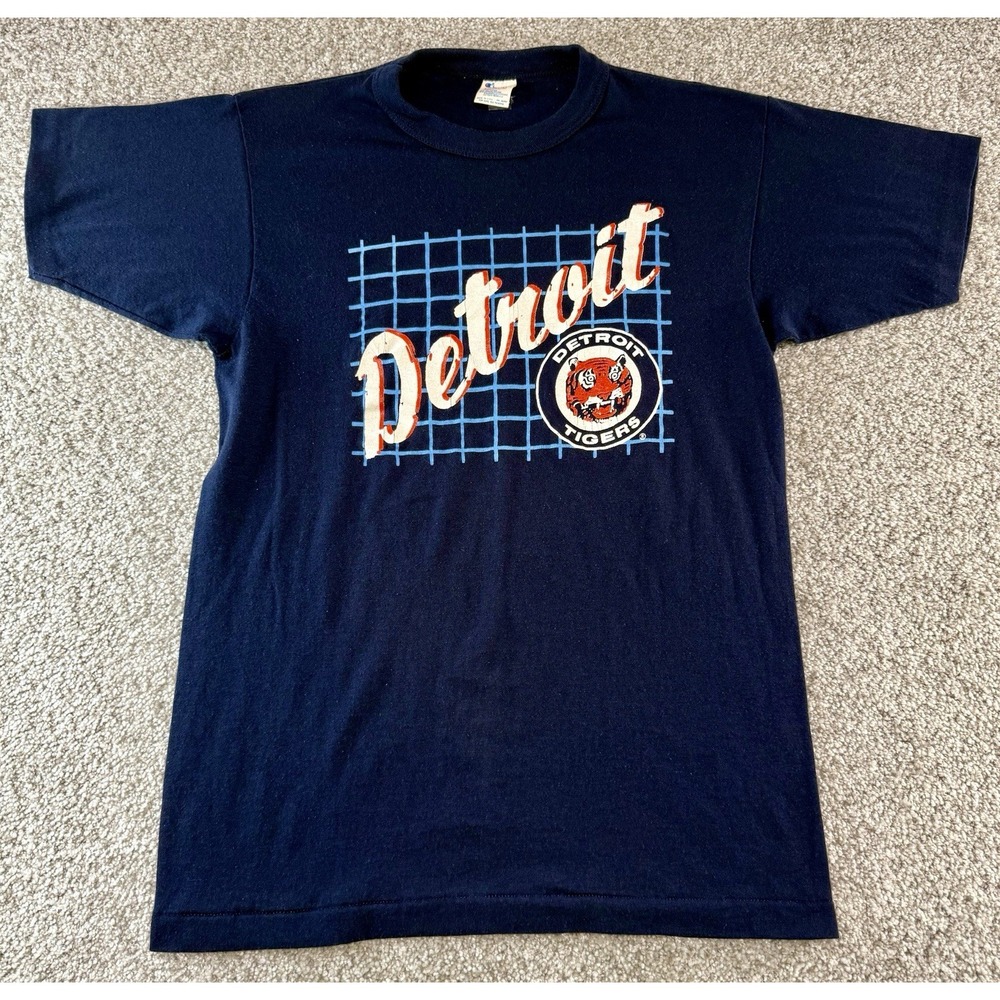 Vintage Champion Detroit Tigers Single Stitch T-Shirt Size Medium M Blue 1980s